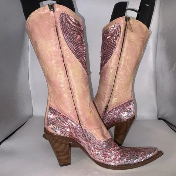 Damy Western Cowboy BootsItaly Haute Couture Sequinned Leather EU 40 US 9 9.5
